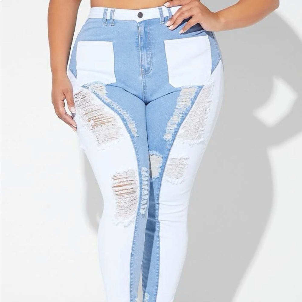 High waist two tone skinny jeans